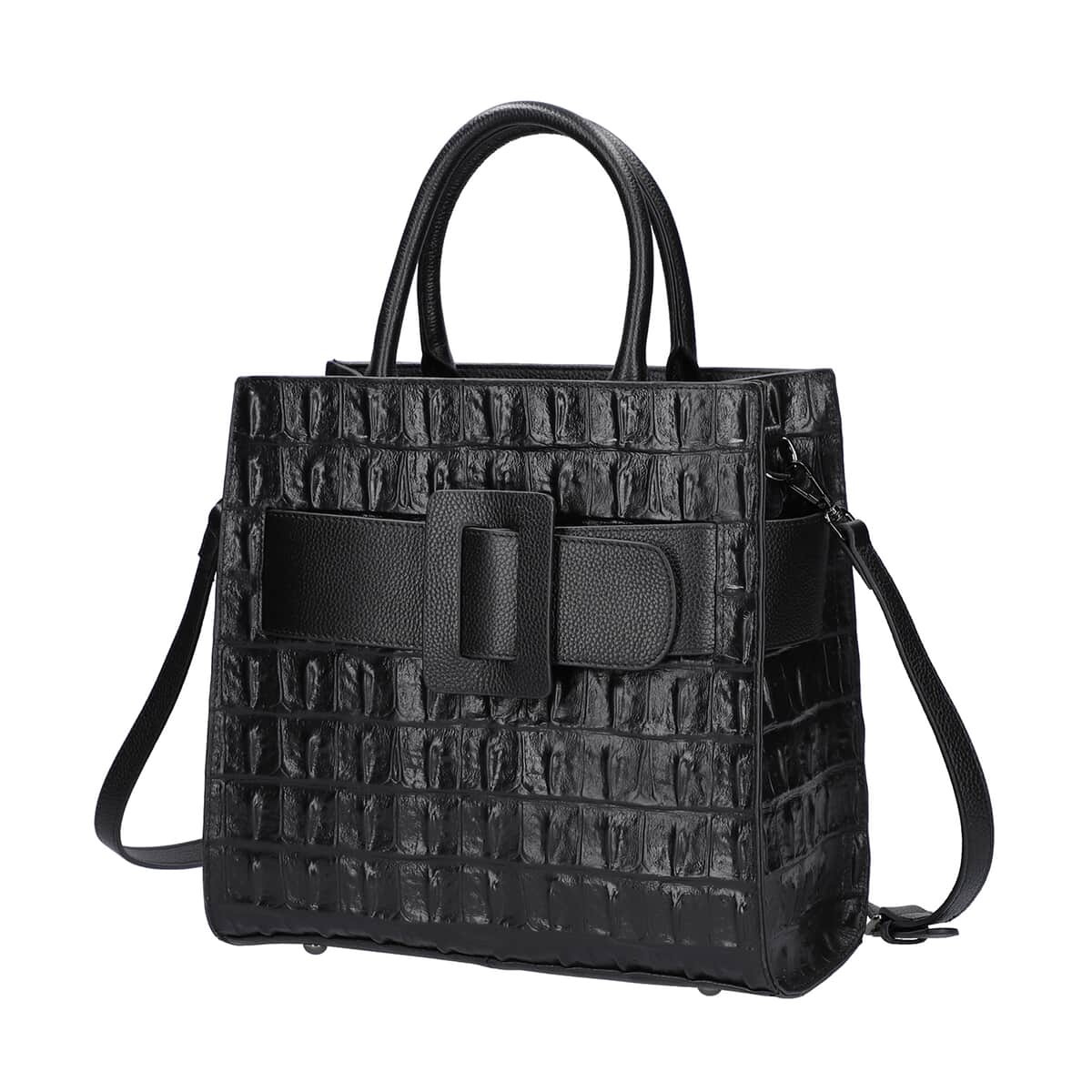 PASSAGE Black Crocodile Skin Pattern Genuine Leather Middle Size Tote Bag image number 0