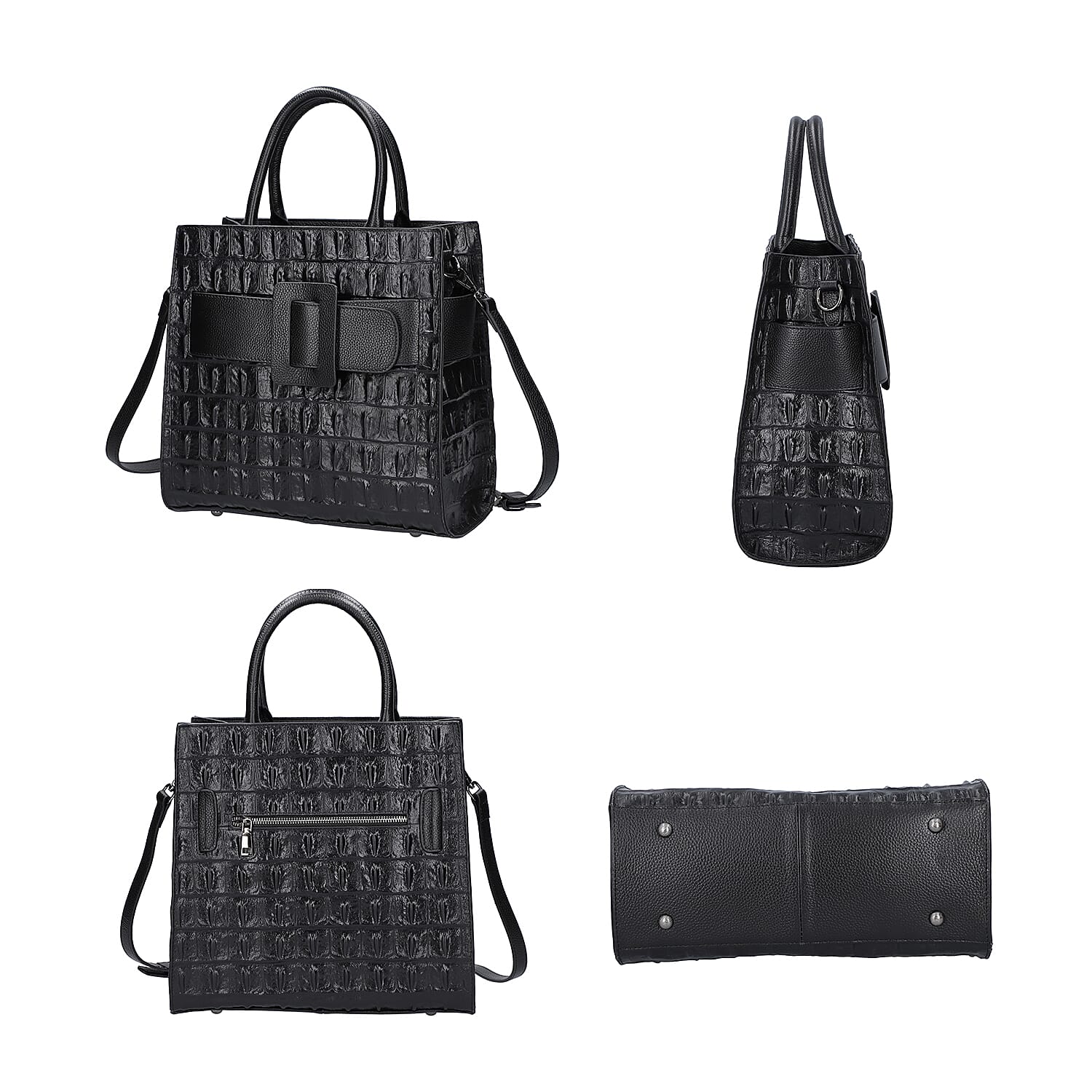 Passage Black Crocodile Skin Pattern Genuine Leather Middle Size Tote Bag