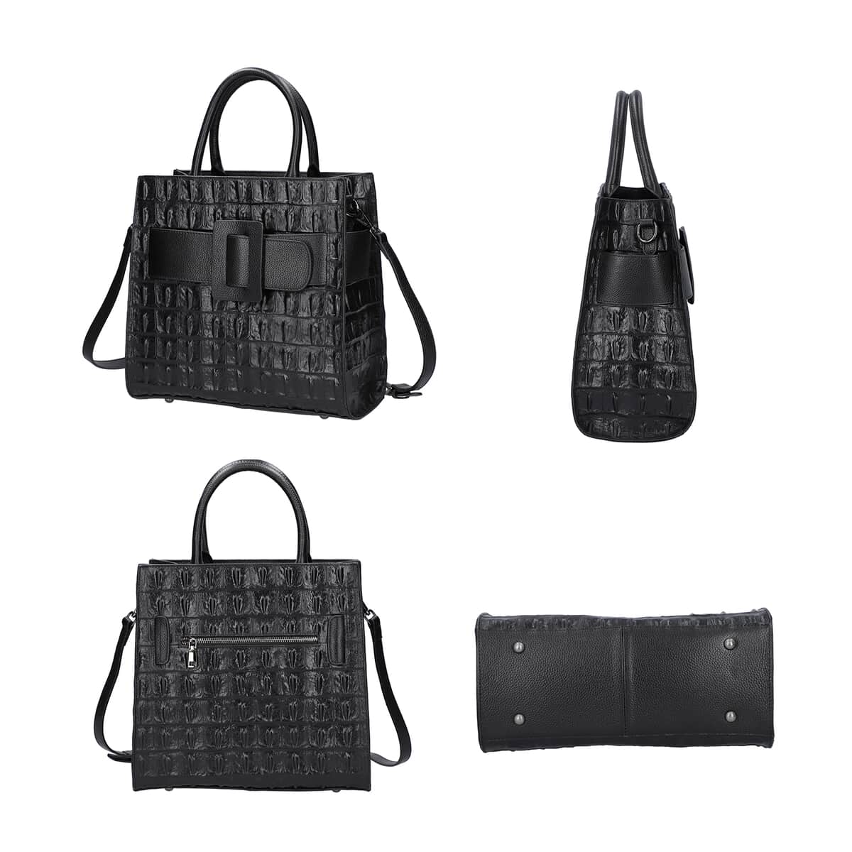 PASSAGE Black Crocodile Skin Pattern Genuine Leather Middle Size Tote Bag image number 3