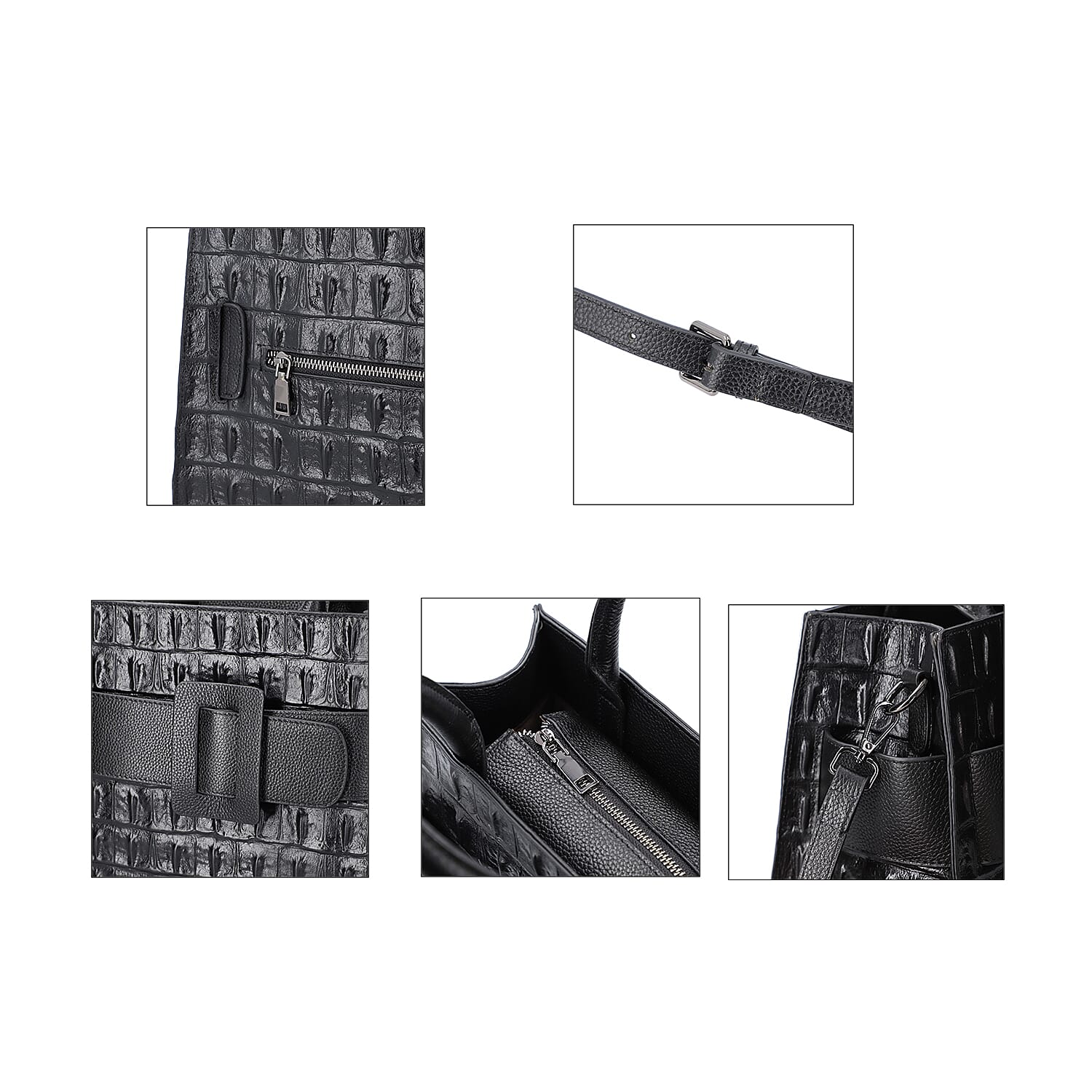 Passage Black Crocodile Skin Pattern Genuine Leather Middle Size Tote Bag