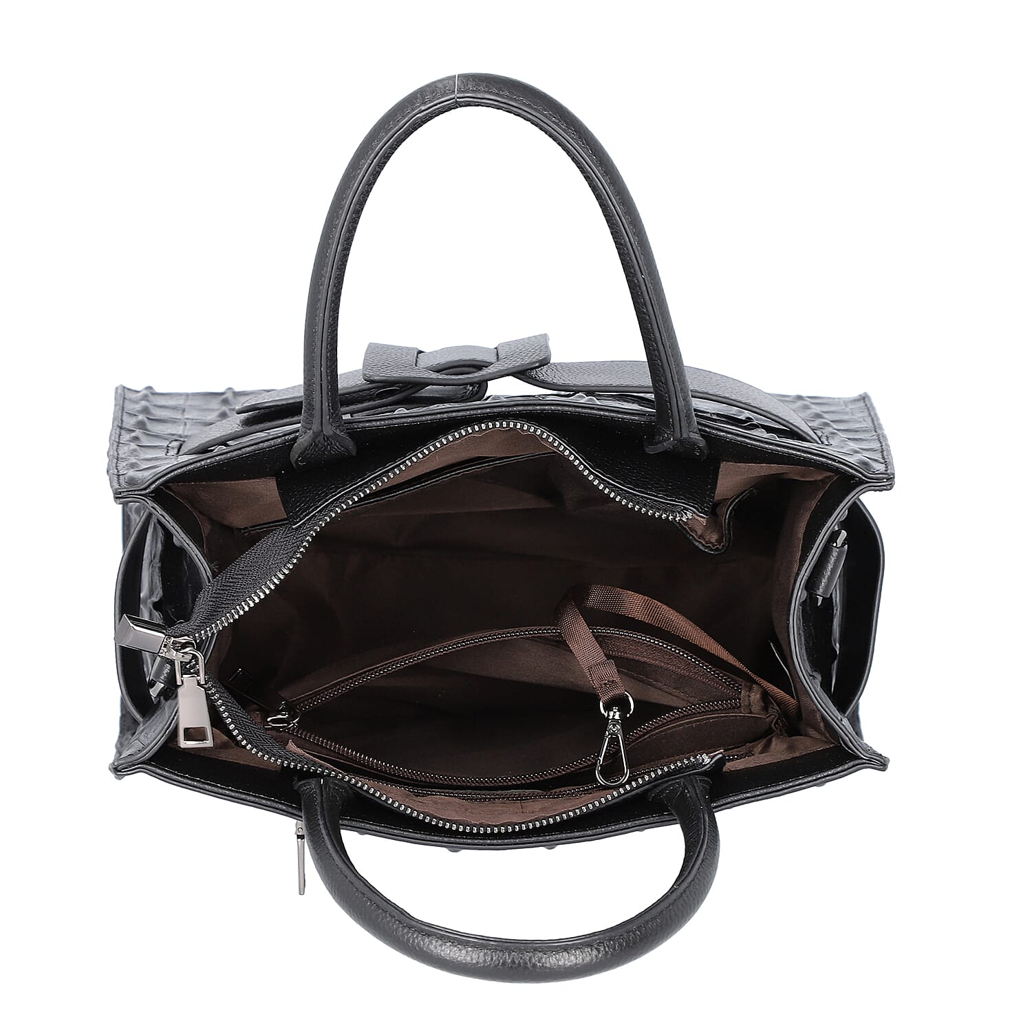 Passage Black Crocodile Skin Pattern Genuine Leather Middle Size Tote Bag