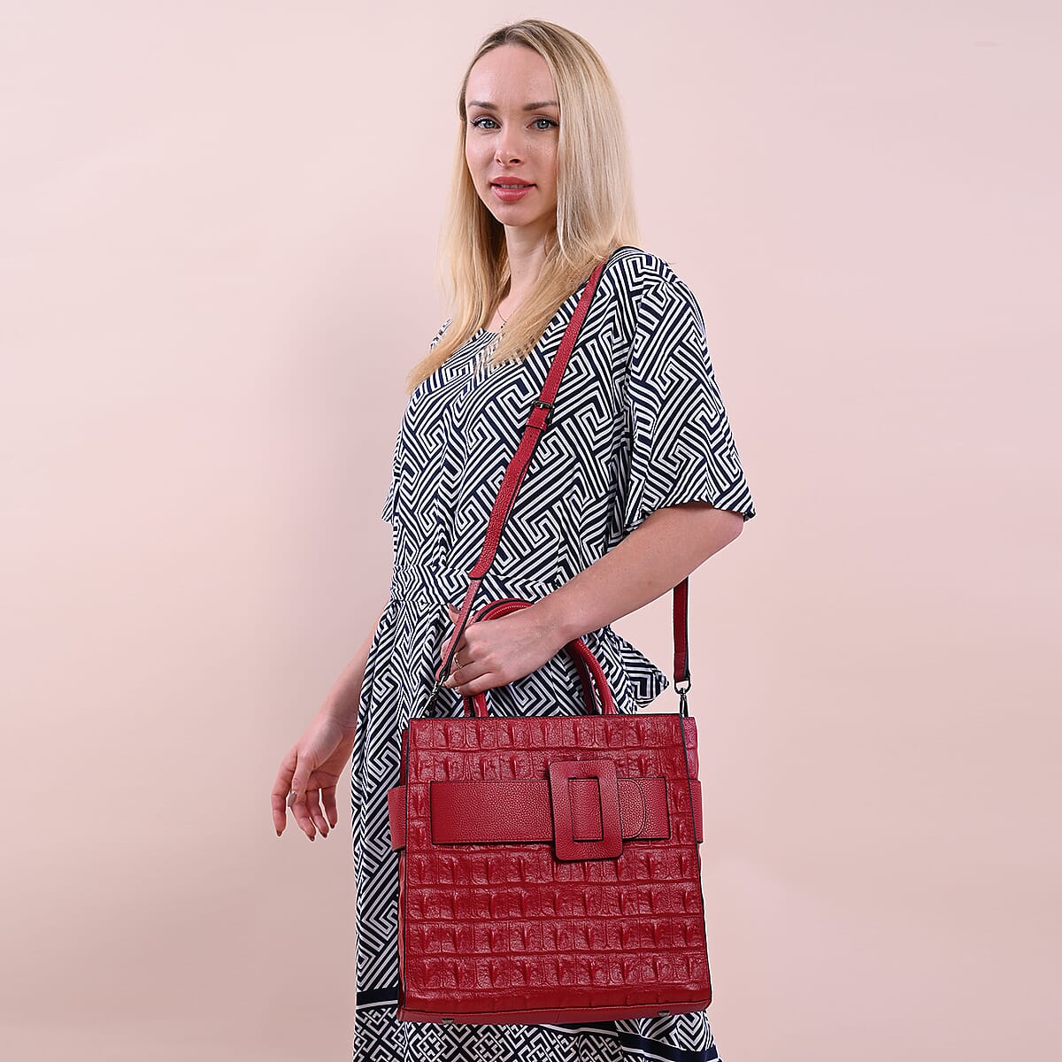 Passage Red Crocodile Skin Pattern Genuine Leather Middle Size Tote Bag image number 1
