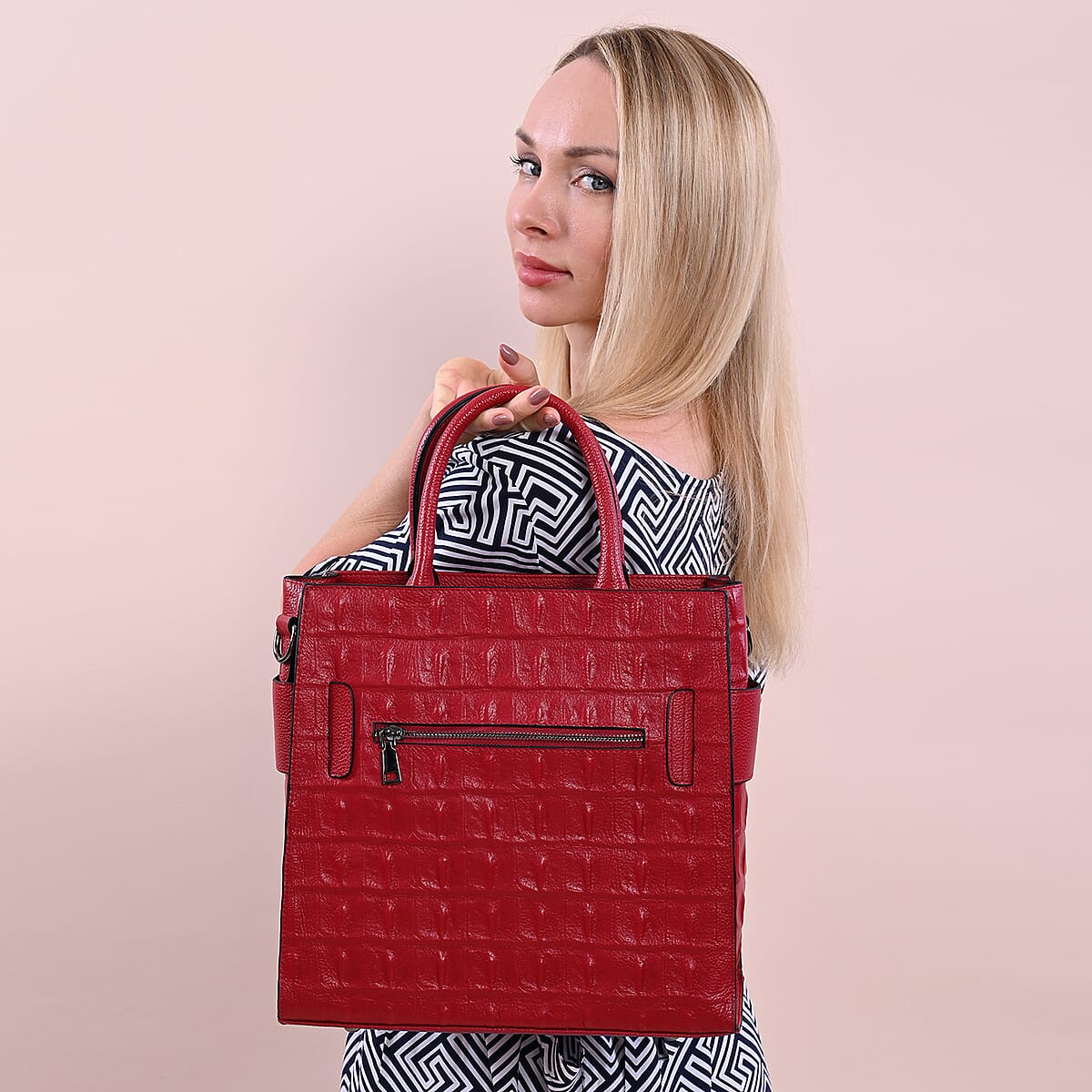 Passage Red Crocodile Skin Pattern Genuine Leather Middle Size Tote Bag image number 2