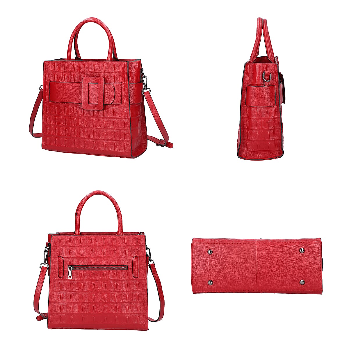 Passage Red Crocodile Skin Pattern Genuine Leather Middle Size Tote Bag image number 3