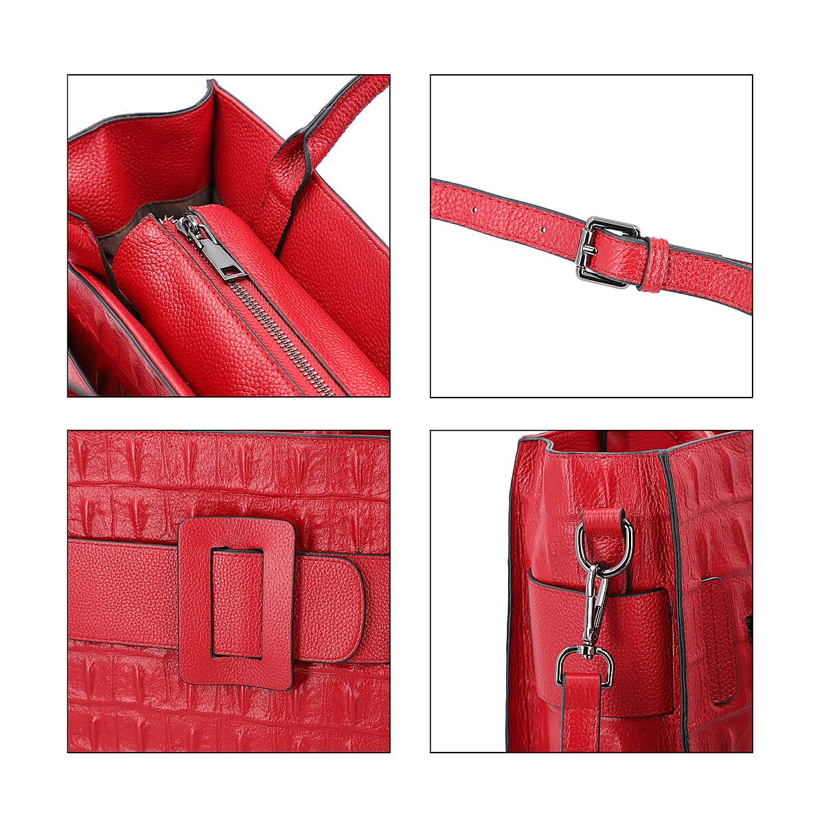 Passage Red Crocodile Skin Pattern Genuine Leather Middle Size Tote Bag image number 4