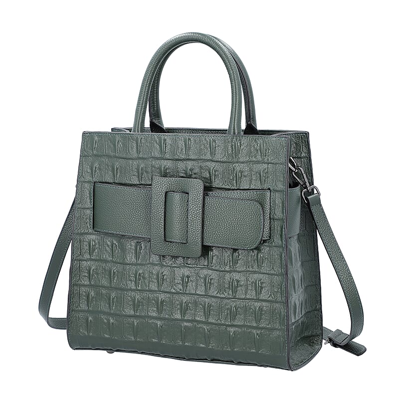 Passage Dark Green Crocodile Skin Pattern Genuine Leather Middle Size Tote Bag