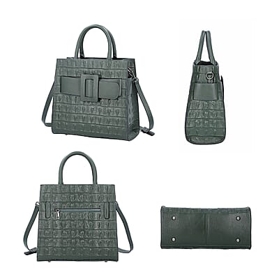 Passage Dark Green Crocodile Skin Pattern Genuine Leather Middle Size Tote Bag