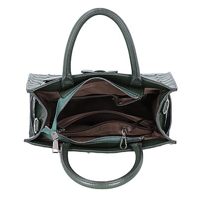 Passage Dark Green Crocodile Skin Pattern Genuine Leather Middle Size Tote Bag