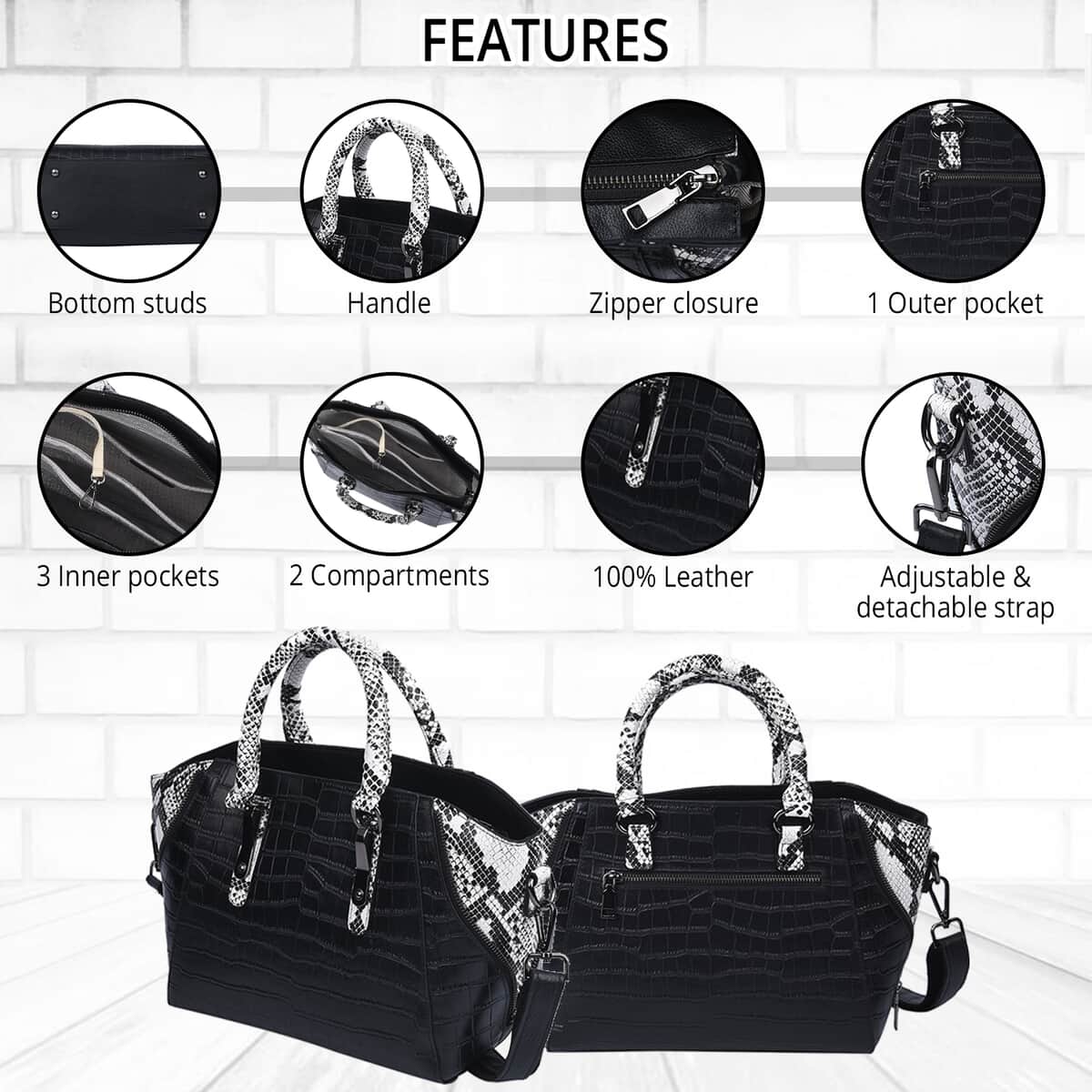 Passage Black Crocodile & Snakeskin Pattern Genuine Leather Tote Bag with Handle Drop and Shoulder Strap image number 2