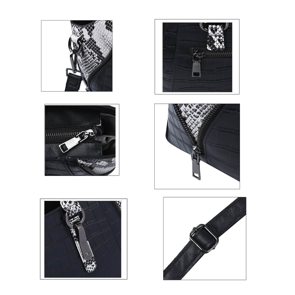 Passage Black Crocodile & Snakeskin Pattern Genuine Leather Tote Bag with Handle Drop and Shoulder Strap image number 4