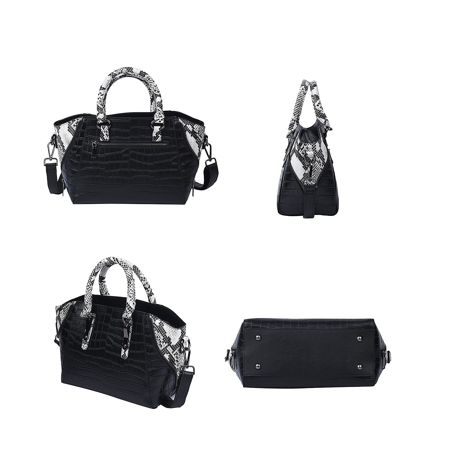 Passage Black Crocodile & Snakeskin Pattern Genuine Leather Tote Bag with Handle Drop and Shoulder Strap