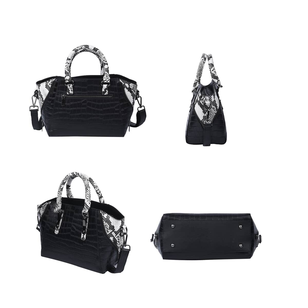 Passage Black Crocodile & Snakeskin Pattern Genuine Leather Tote Bag with Handle Drop and Shoulder Strap image number 5