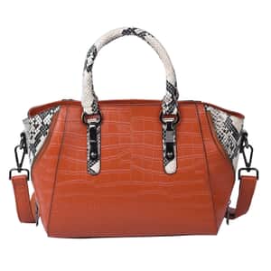 Passage Brown Crocodile & Snakeskin Pattern Genuine Leather Tote Bag with Handle Drop and Shoulder Strap
