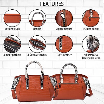 Passage Brown Crocodile & Snakeskin Pattern Genuine Leather Tote Bag with Handle Drop and Shoulder Strap