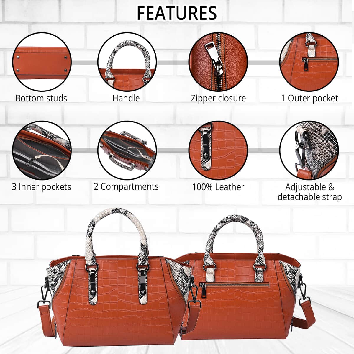 Passage Brown Crocodile & Snakeskin Pattern Genuine Leather Tote Bag with Handle Drop and Shoulder Strap image number 2