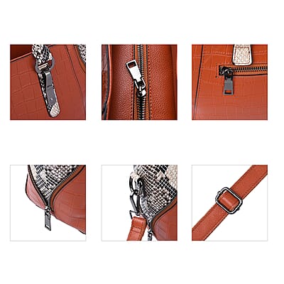 Passage Brown Crocodile & Snakeskin Pattern Genuine Leather Tote Bag with Handle Drop and Shoulder Strap