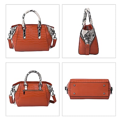 Passage Brown Crocodile & Snakeskin Pattern Genuine Leather Tote Bag with Handle Drop and Shoulder Strap