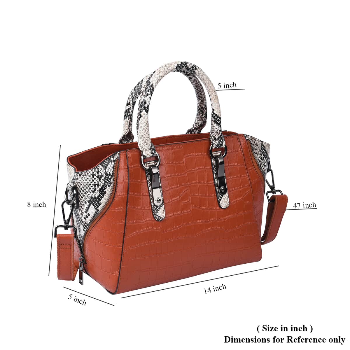 Passage Brown Crocodile & Snakeskin Pattern Genuine Leather Tote Bag with Handle Drop and Shoulder Strap image number 6