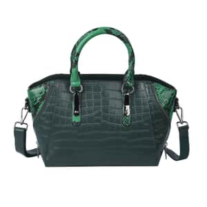 Passage Green Crocodile & Snakeskin Pattern Genuine Leather Tote Bag for Women, Satchel Purse, Shoulder Handbag