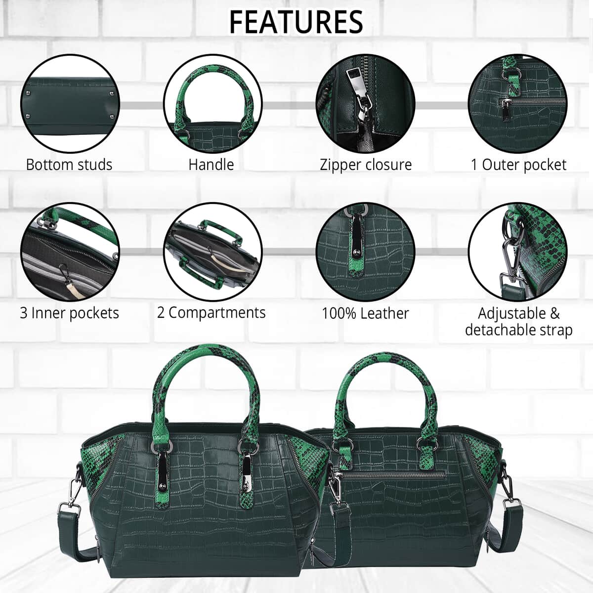 Passage Green Crocodile & Snakeskin Pattern Genuine Leather Tote Bag for Women, Satchel Purse, Shoulder Handbag image number 2