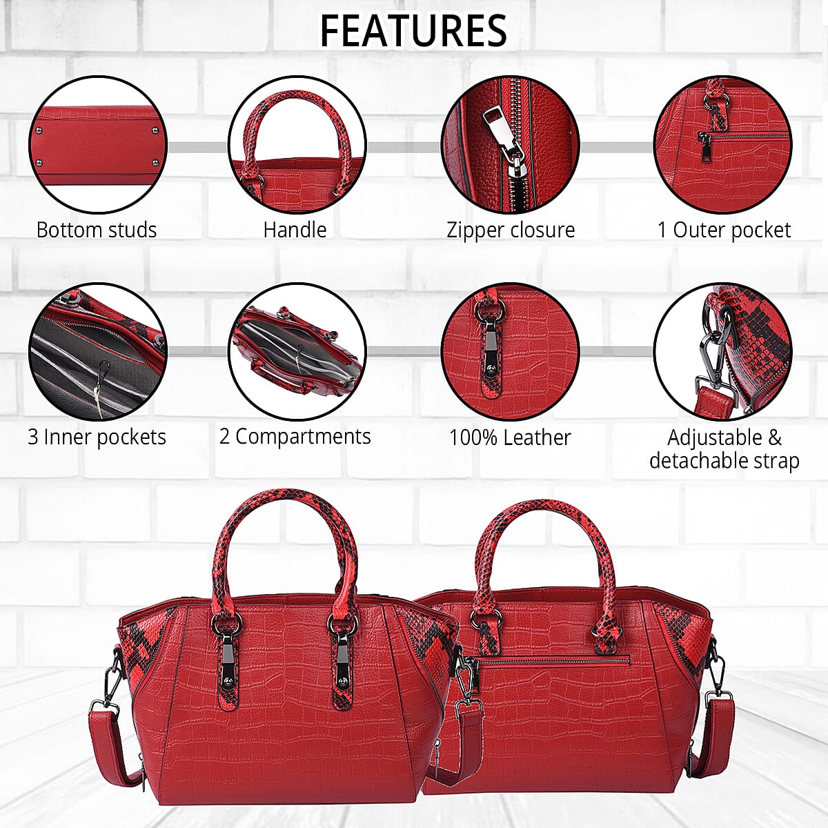 Passage Red Crocodile & Snakeskin Pattern Genuine Leather Tote Bag with Handle Drop and Shoulder Strap image number 2