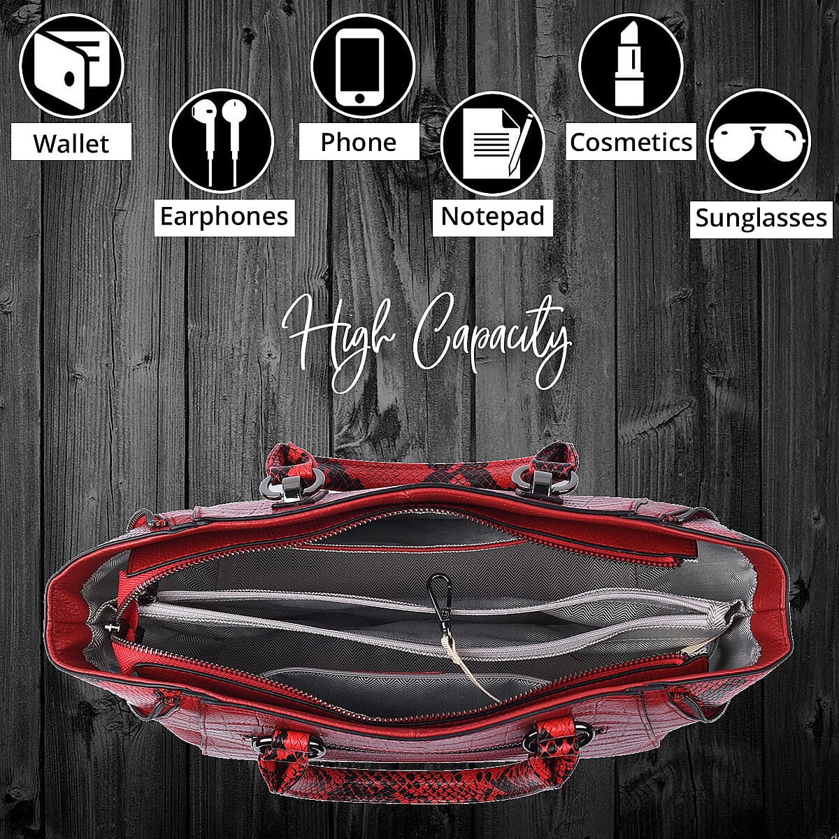 Passage Red Crocodile & Snakeskin Pattern Genuine Leather Tote Bag with Handle Drop and Shoulder Strap image number 3