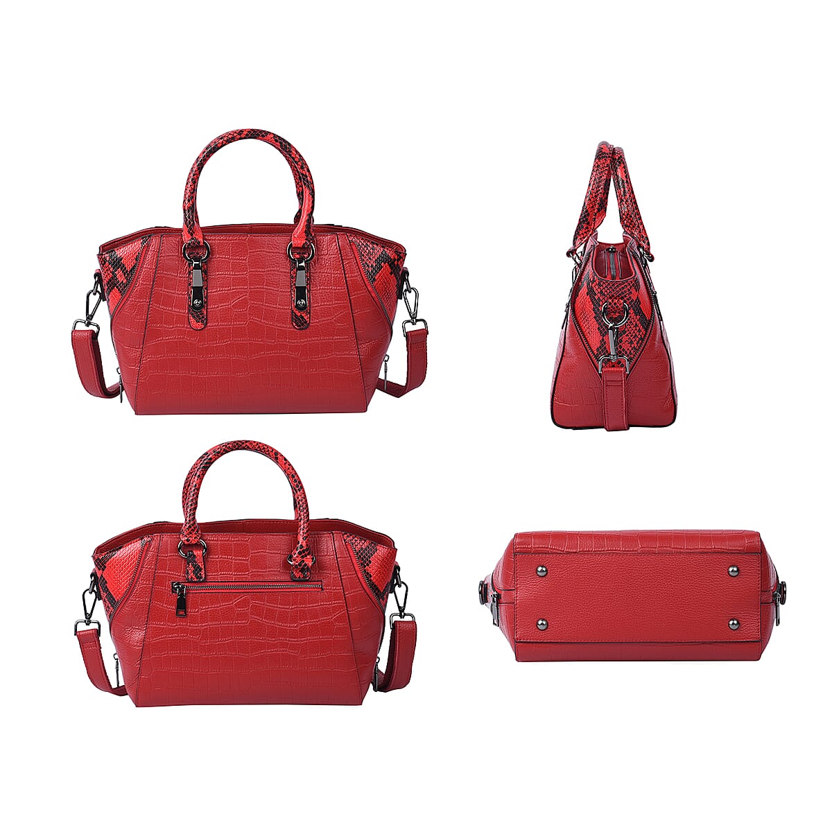 Passage Red Crocodile & Snakeskin Pattern Genuine Leather Tote Bag with Handle Drop and Shoulder Strap image number 5