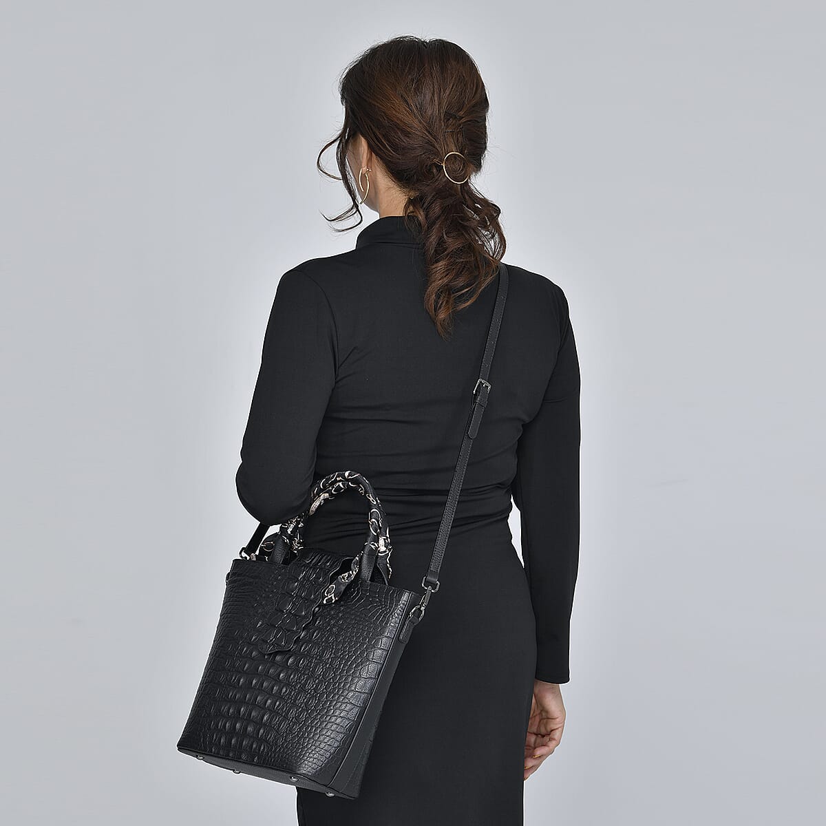 Black Embossed Crocodile Genuine Leather Tote Bag (9.84x4.75x11.02) with Shoulder Strap 53 Inches image number 1