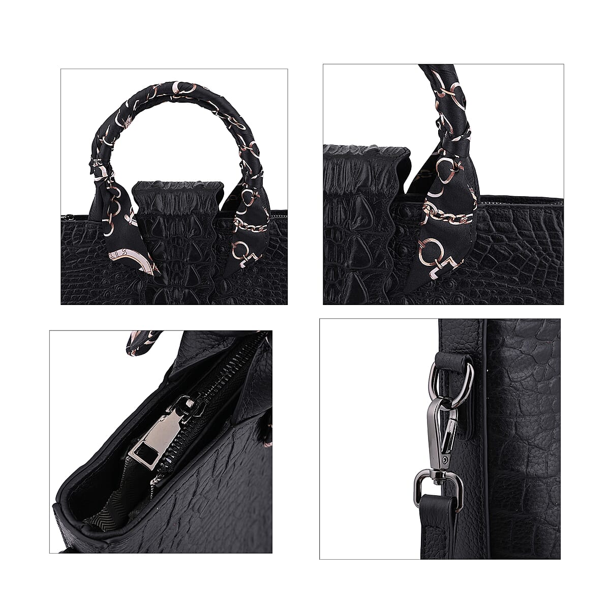 Black Embossed Crocodile Genuine Leather Tote Bag (9.84x4.75x11.02) with Shoulder Strap 53 Inches image number 3