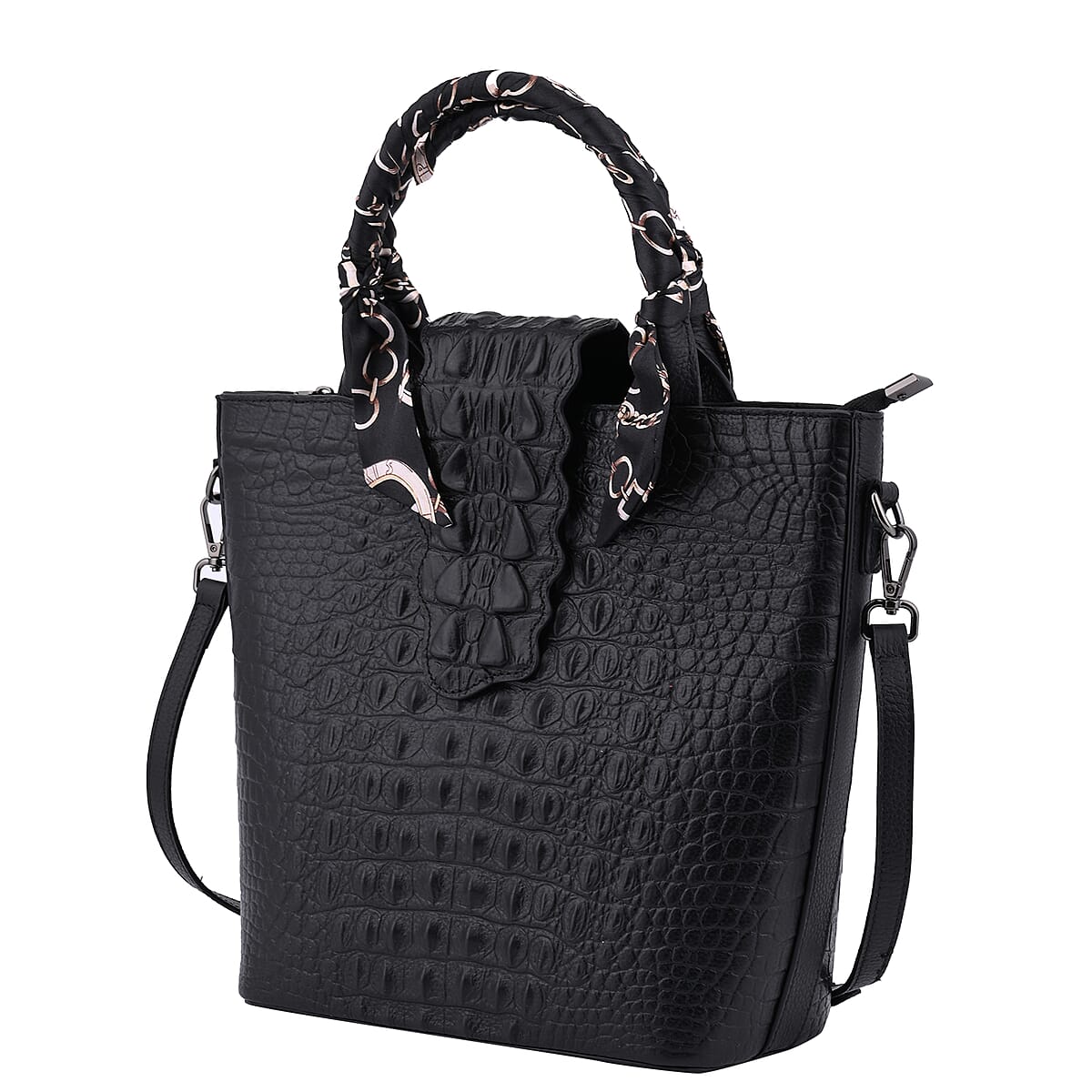 Black Embossed Crocodile Genuine Leather Tote Bag (9.84x4.75x11.02) with Shoulder Strap 53 Inches image number 4