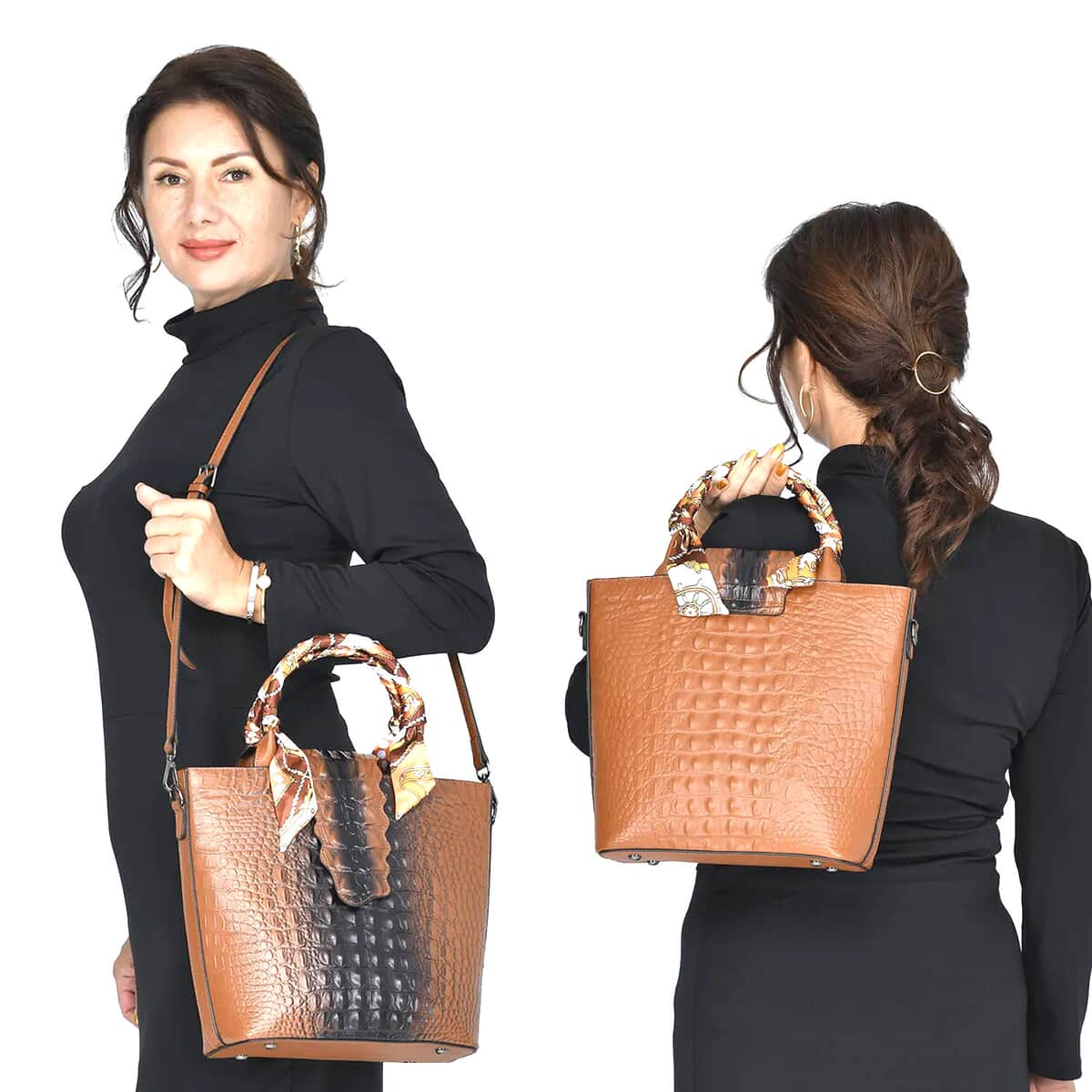 Black Embossed Crocodile Genuine Leather Tote Bag (9.84x4.75x11.02) with Shoulder Strap 53 Inches image number 0