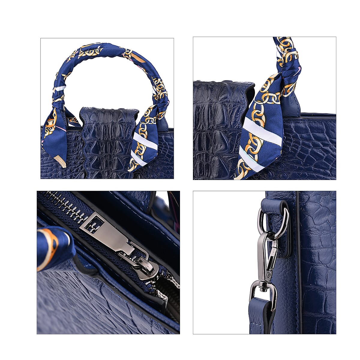 Navy Embossed Crocodile Genuine Leather Tote Bag for Women, Satchel Purse, Shoulder Handbag, Designer Tote Bag image number 3