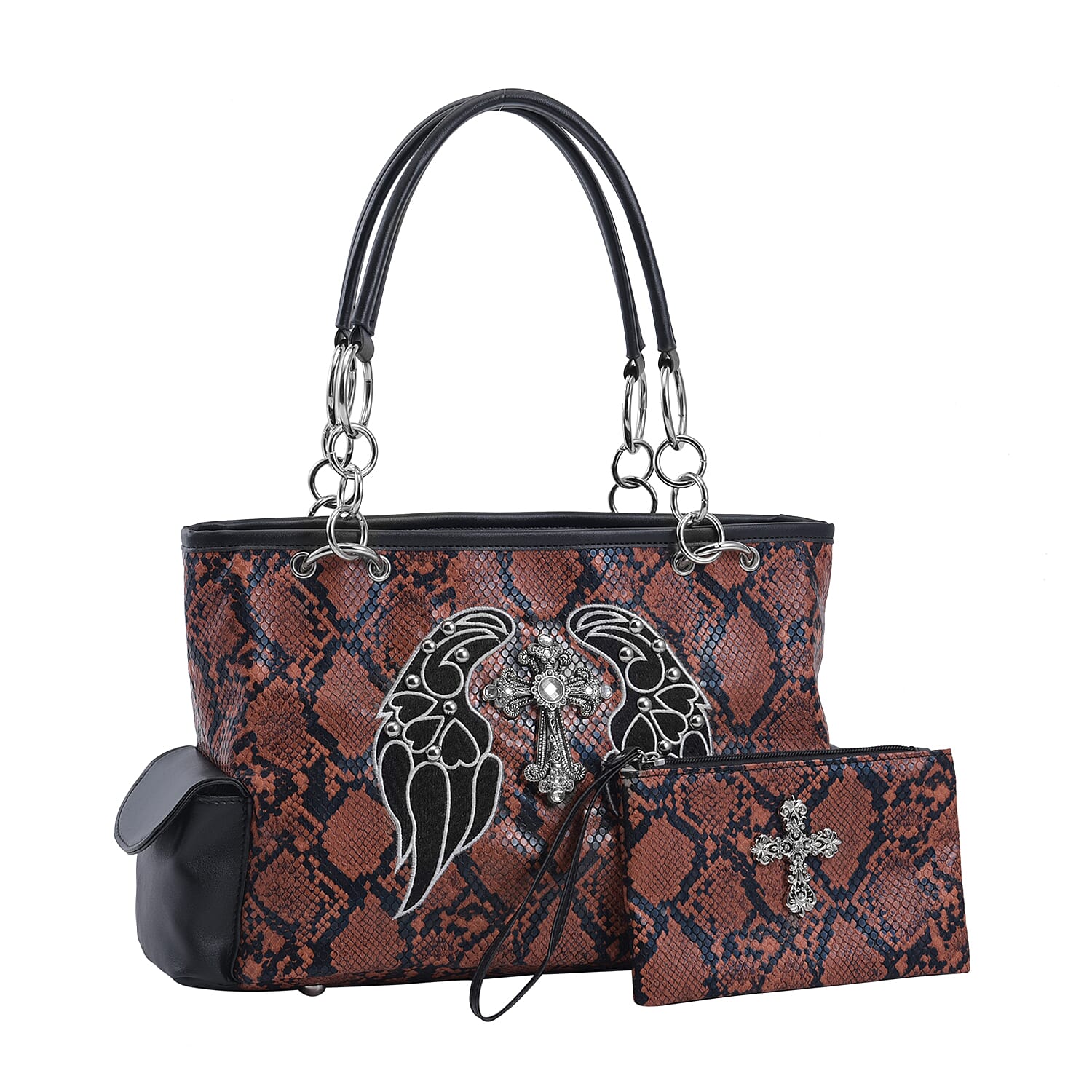 Set of 2 Brown Snake Skin Pattern Faux Leather Western Style Handbag and Clutch Bag