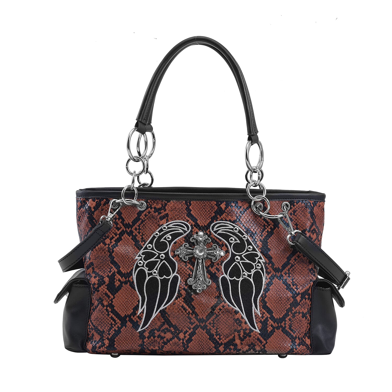 Set of 2 Brown Snake Skin Pattern Faux Leather Western Style Handbag and Clutch Bag