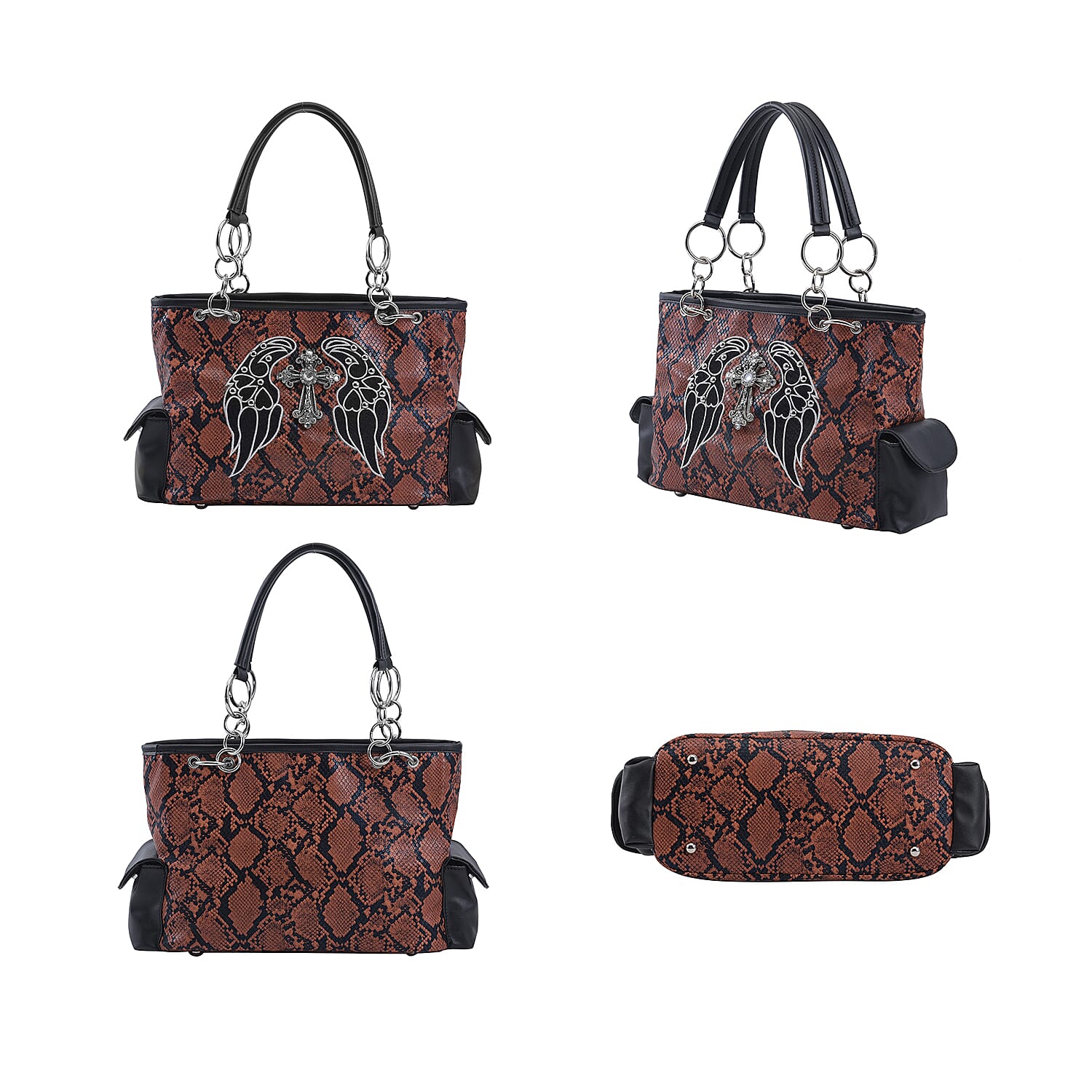 Set of 2 Brown Snake Skin Pattern Faux Leather Western Style Handbag and Clutch Bag