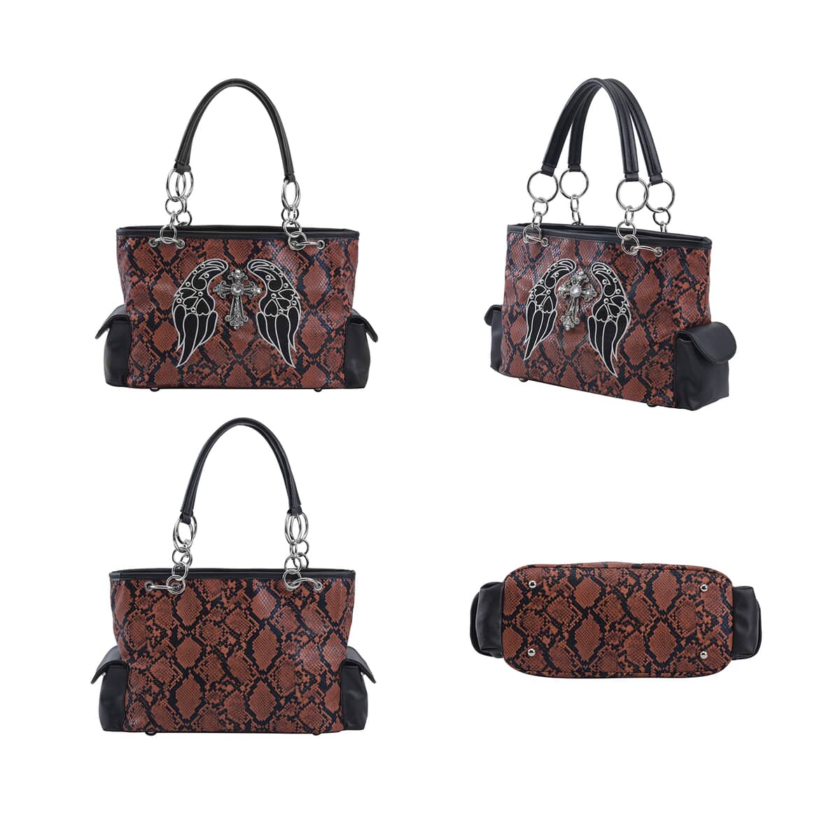 Set of 2 Brown Snake Skin Pattern Faux Leather Western Style Handbag (11.81"x5.5"x8") and Clutch Bag (8"x4.75") image number 4