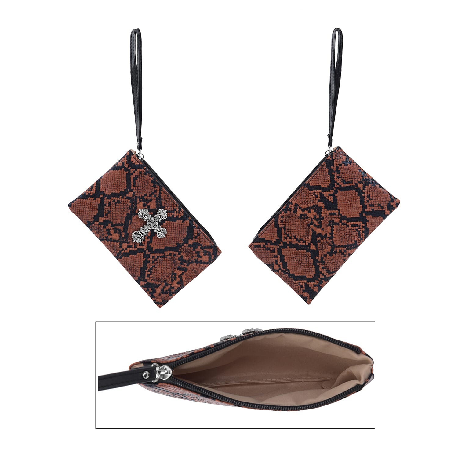 Set of 2 Brown Snake Skin Pattern Faux Leather Western Style Handbag and Clutch Bag