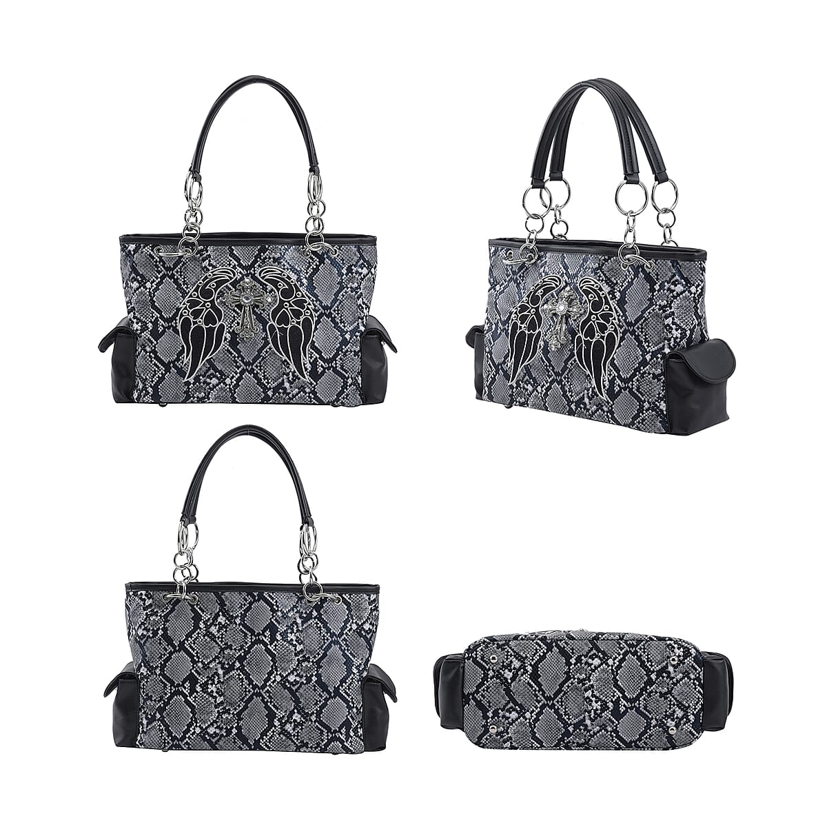 Set of 2 Gray Snake Skin Pattern Faux Leather Western Style Handbag and Clutch Bag image number 4
