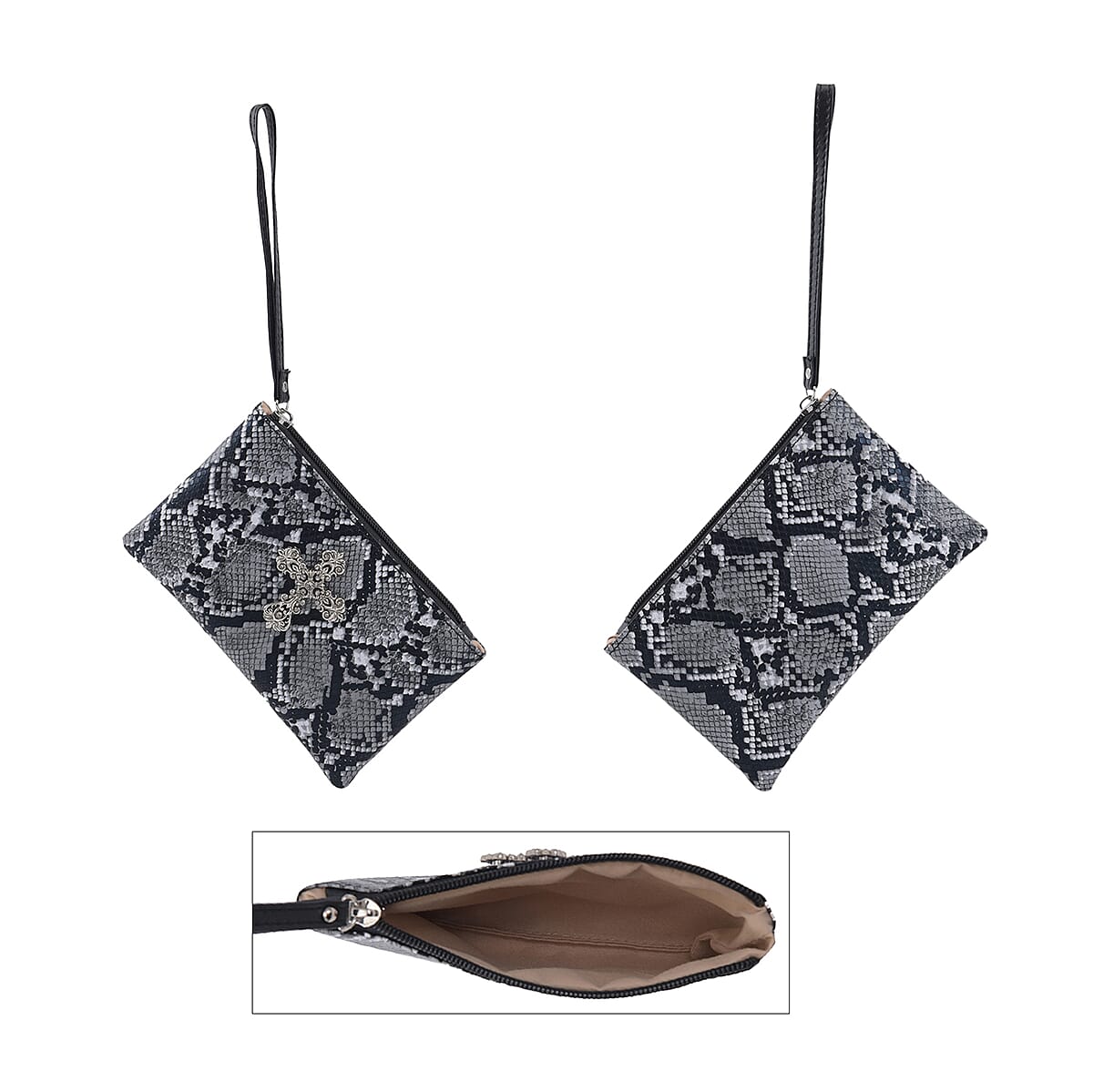 Set of 2 Gray Snake Skin Pattern Faux Leather Western Style Handbag and Clutch Bag image number 6