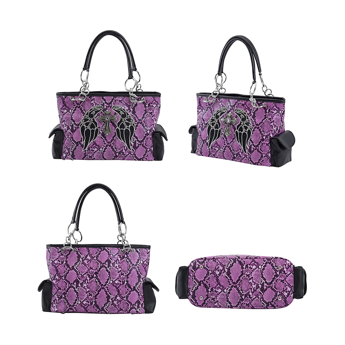 Set of 2 Purple Snake Skin Pattern Faux Leather Western Style Handbag and Clutch Bag image number 4