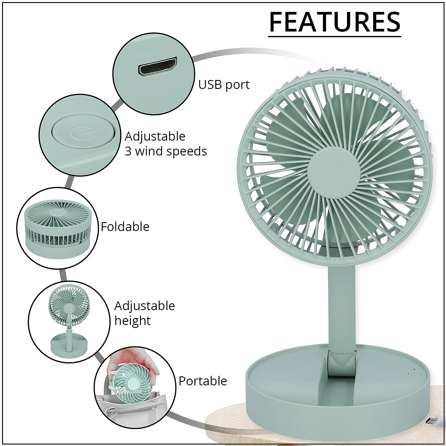 Homesmart Foldable USB Desk Fan with Adjustable 3 Wind Speeds - Blue (1200 mAh, 2W)