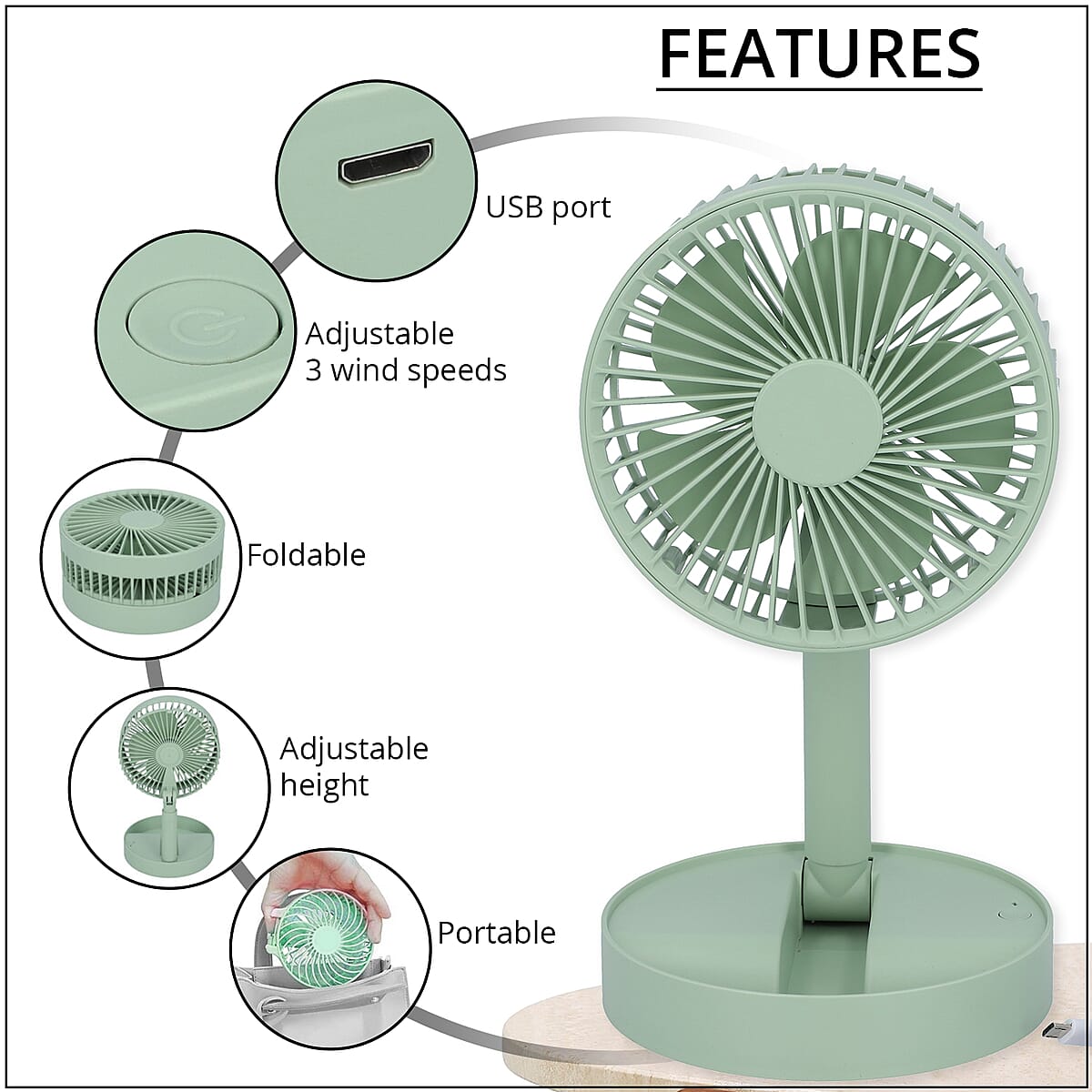 Homesmart Foldable USB Desk Fan with Adjustable 3 Wind Speeds - Green (1200 mAh, 2W) image number 2