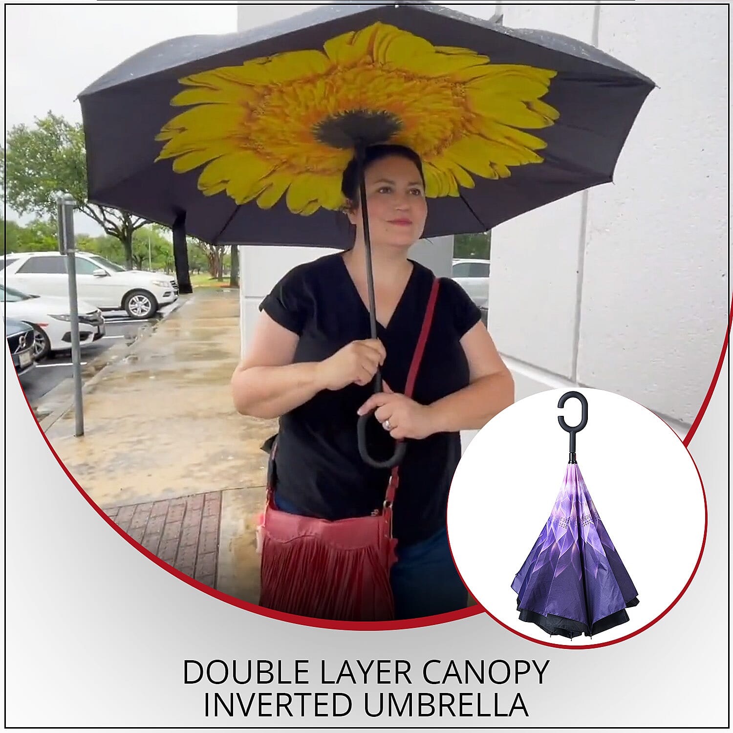 Homesmart Purple and White Floral Pattern Double Layer Canopy Inverted Umbrella - 42 Inches Diameter