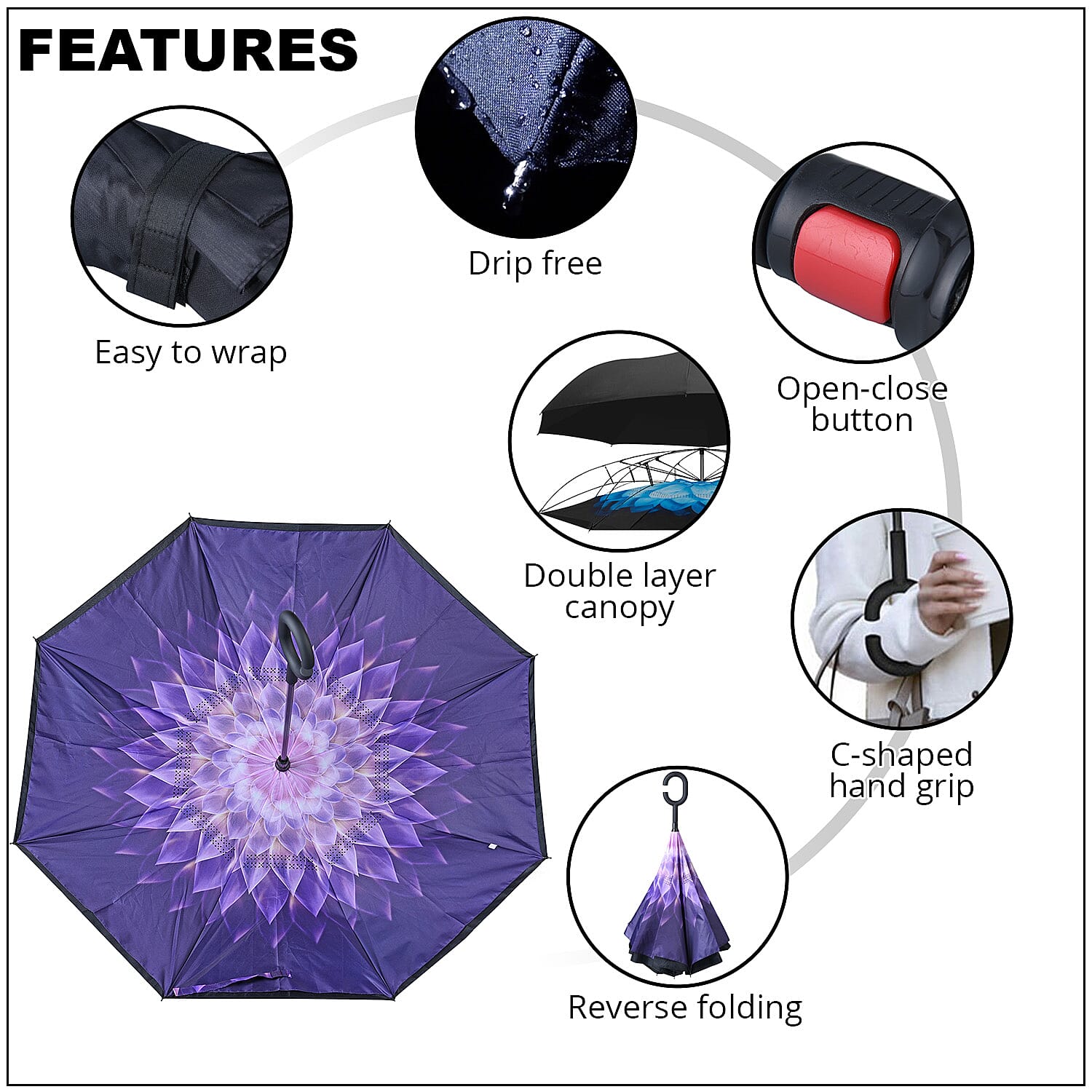 Homesmart Purple and White Floral Pattern Double Layer Canopy Inverted Umbrella - 42 Inches Diameter