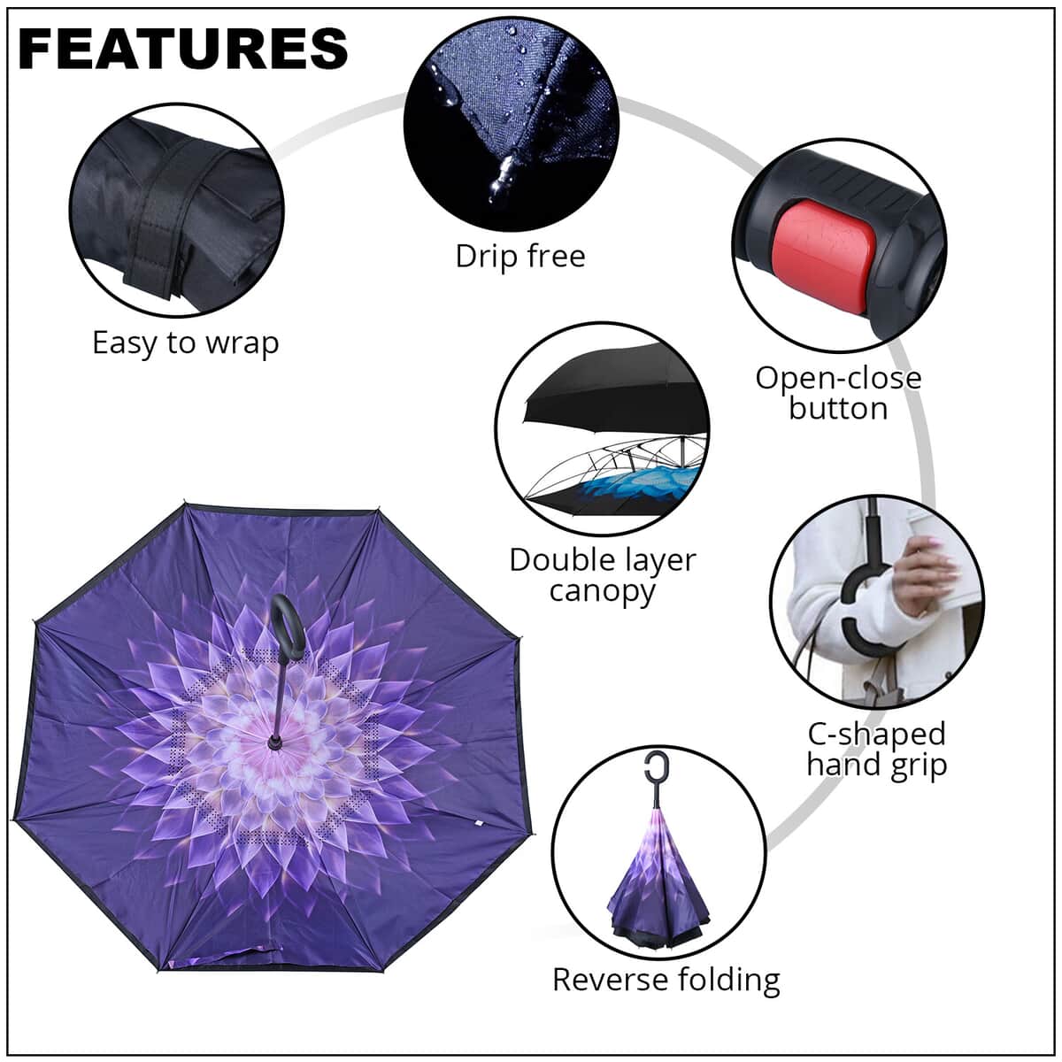 Homesmart Purple and White Floral Pattern Double Layer Canopy Inverted Umbrella - 42 Inches Diameter image number 2