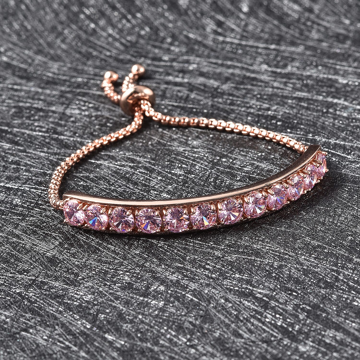Simulated Pink Diamond Half Tennis Bolo Bracelet in Rosetone