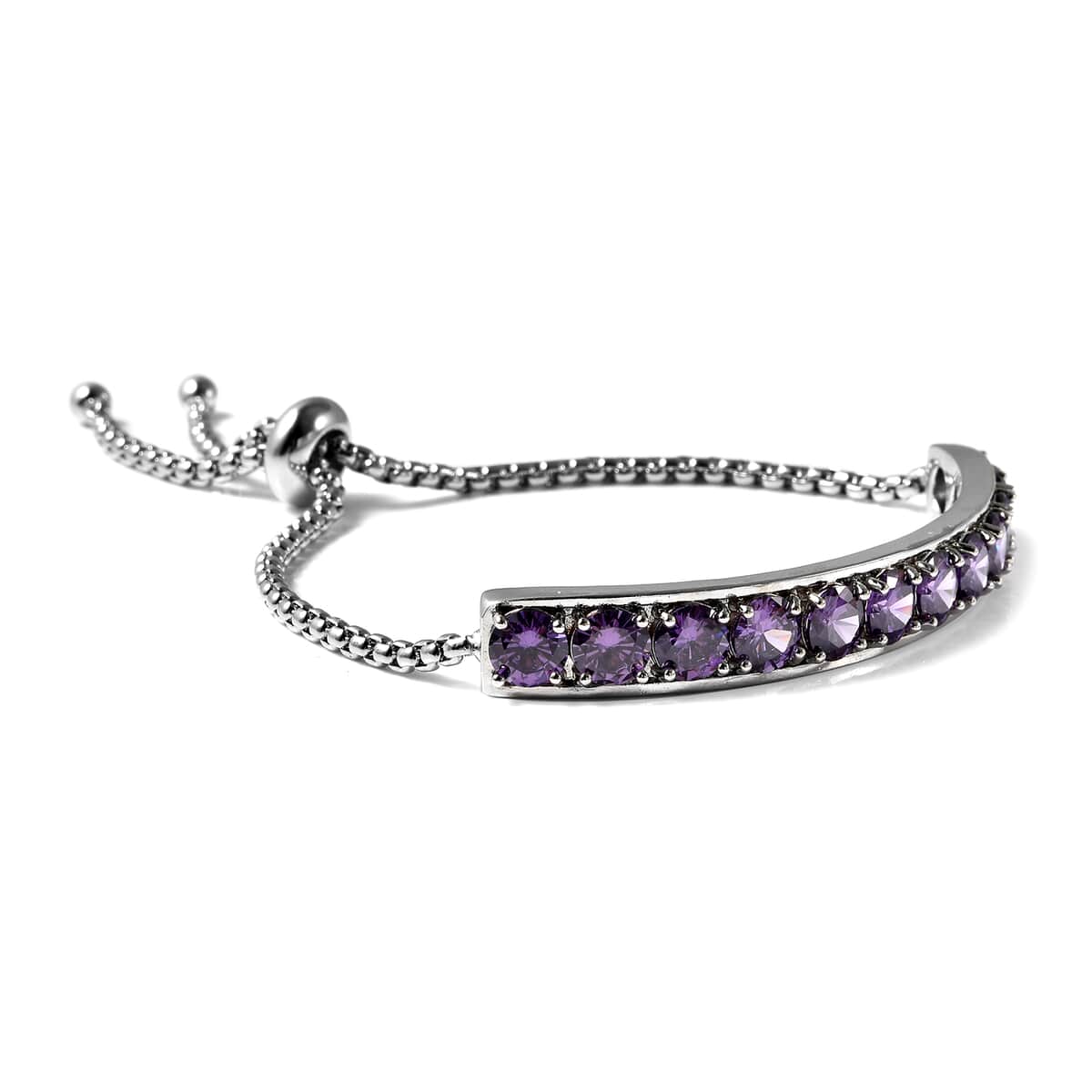 Simulated Amethyst Color Diamond Half Tennis Bolo Bracelet in Silvertone image number 2