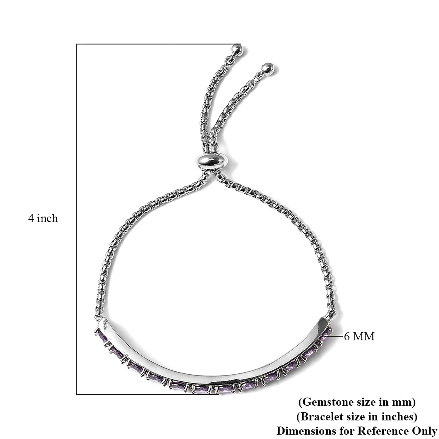 Simulated Amethyst Color Diamond Half Tennis Bolo Bracelet in Silvertone