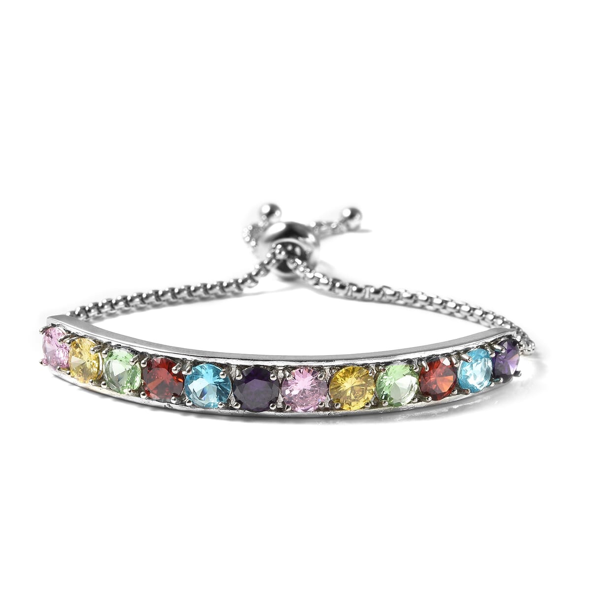 Simulated Multi Color Diamond Half Tennis Bolo Bracelet in Silvertone image number 0