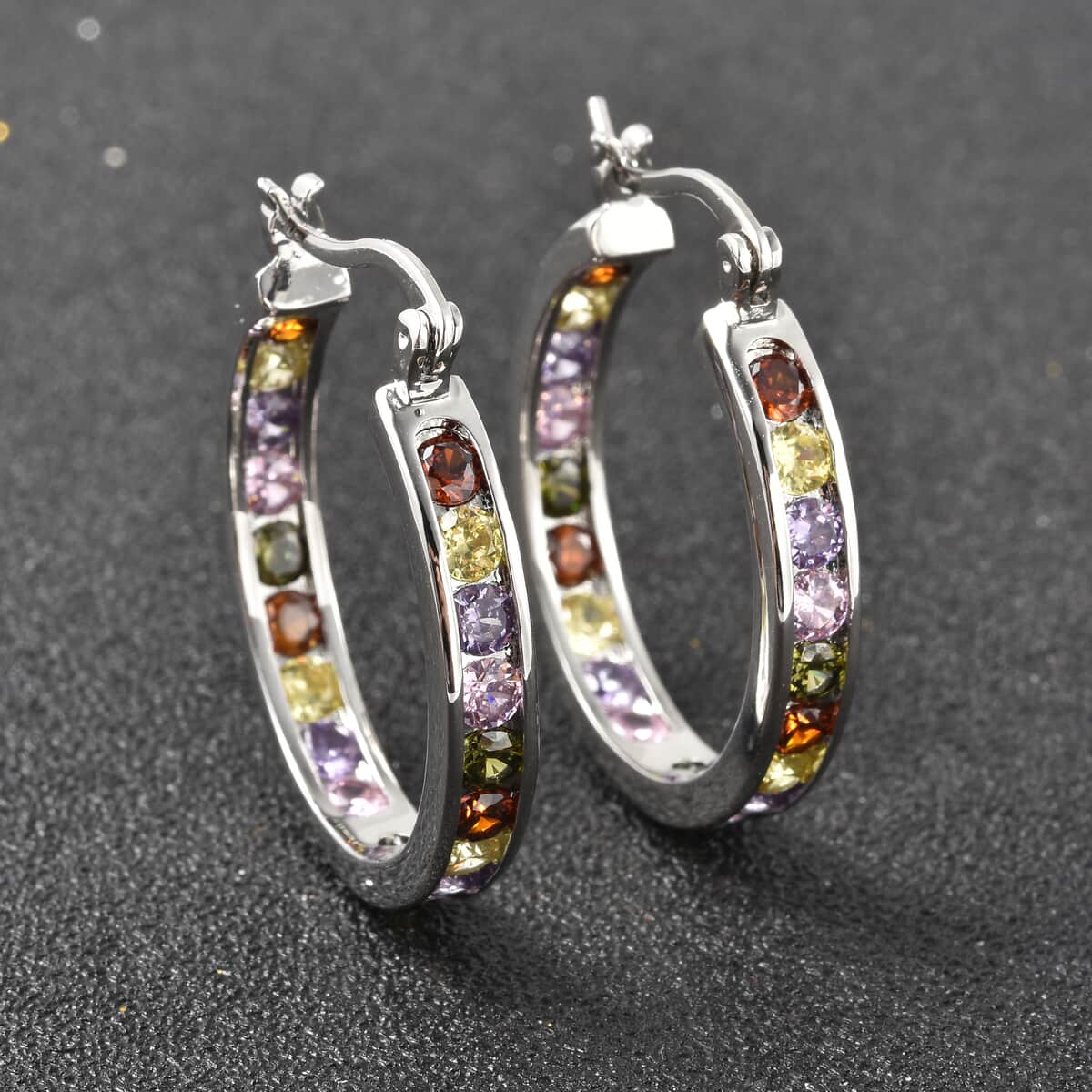 Simulated Multi Color Diamond Hoop Earrings in Silvertone image number 1